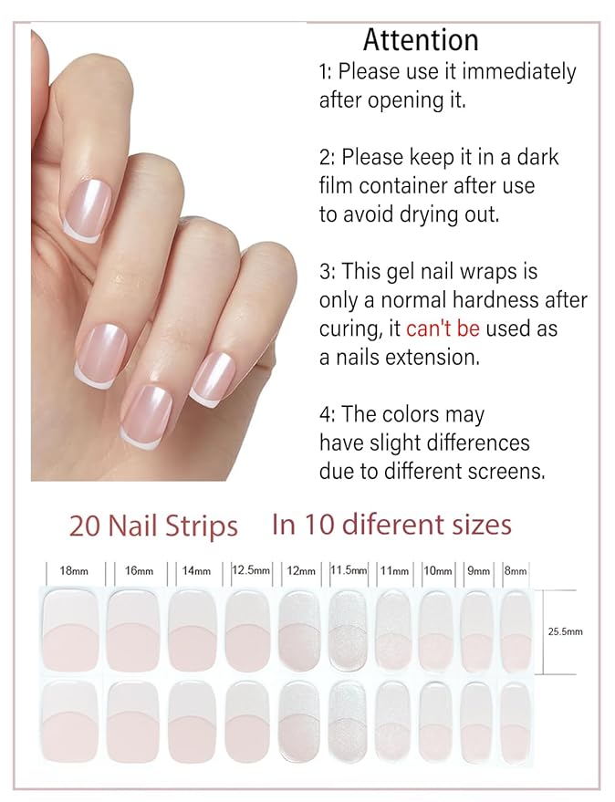 Semi Cured Gel Nail Strips, 20pcs Glazed French Gel Nail Stickers for Home Nails DIY