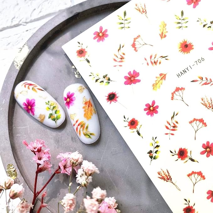 Dornail 8 Sheets 3D Flower Nail Stickers - Spring & Summer Colorful Floral Nail Art Stickers with Blooming Florals & Leaf Designs for DIY Nail Decorations