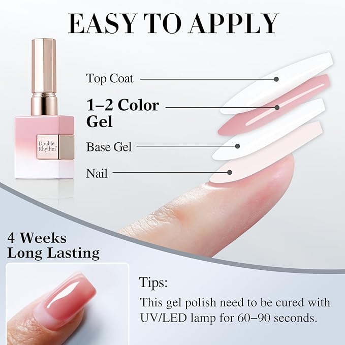 Double Rhythm Gel Polish 15ML Jelly Sheer Pastel Light Milky Color Pearl White Bottle 1 PC 0.5 OZ Full Size Nail Art Salon at Home (Pink Glitter-D1379)