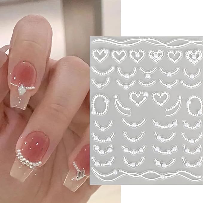 2 Sheets 5D Embossed Nail Art Stickers for French Line Design Silver White Glitter Pearl Rhinestones Nail Decals Heart Waves Nail Design Stickers Grace Cute Nail Decor for Women Manicure Supplies