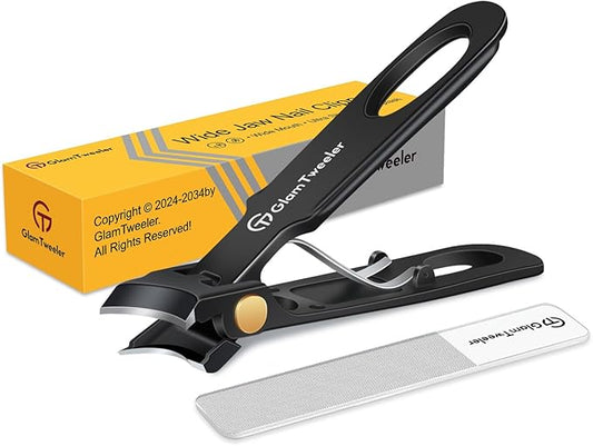 Anti-Splash Wide Jaw Opening Nail Clippers - GlamTweeler Ultra Sharp Extra Large Wide Opening Fingernail and Toenail Clipper with Glass Nail File (Black_Slanted)