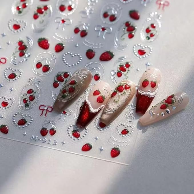 2 Sheets Red Strawberry Nail Stickers Silver Sliders Line Heart Nail Decals 3D Self-Adhesive Heart Nails Decals Cute Red Bow Design Strawberry Nails Supplies for Women Manicure