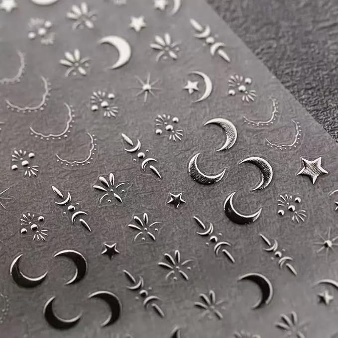 Gold Silver Stat Nail Stickers for Nail Art 3D Self Adhesive Moon Star Nail Art Stickers Silver Moon Star Nail Decals Gold Nail Supplies for Women Girls 2 Sheets