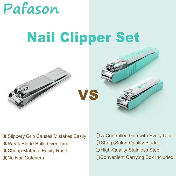 PAFASON Ultra Sharp Stainless Steel Nail Clipper Trimmer Cutter Set with Built-in Nail Catcher & Nail File 2 Pack Fingernail & Toenail Clippers for Men & Women