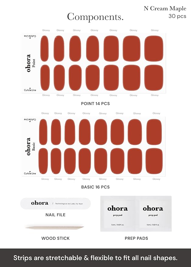 ohora Semi Cured Gel Nail Strips (N Cream Maple) - Red, Solid, Works with Any UV/LED Lamps, Salon-Quality, Long Lasting, Easy to Apply & Remove - Includes 2 Prep Pads, Nail File & Wooden Stick