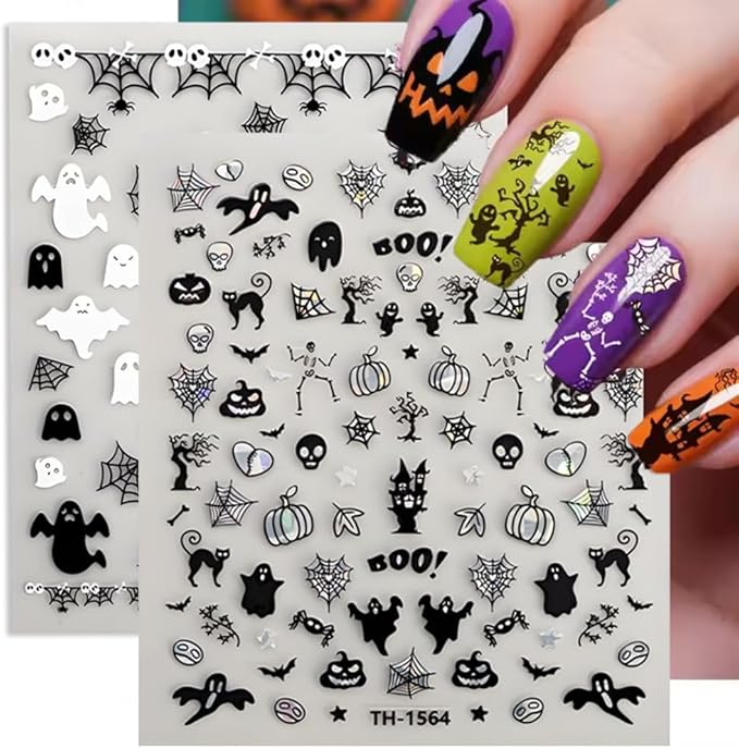 Halloween Nail Art Stickers Decals 3D Sparkly Ghost Pumpkin Self-Adhesive Nail Decals Nail Art Supplies 6PCS Spider Web Spider Black Cat Skull Bat Halloween Nails Design Transfer Sliders for Women