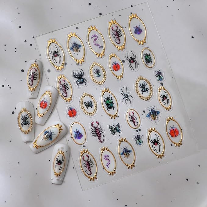 2 Sheets Nail Stickers for Nail Art, Spring Summer 5D Embossed Insect Nail Decals Centipede Spider Butterfly Golden Edge Design Self-Adhesive Nail Supplies Nail Art Accessories
