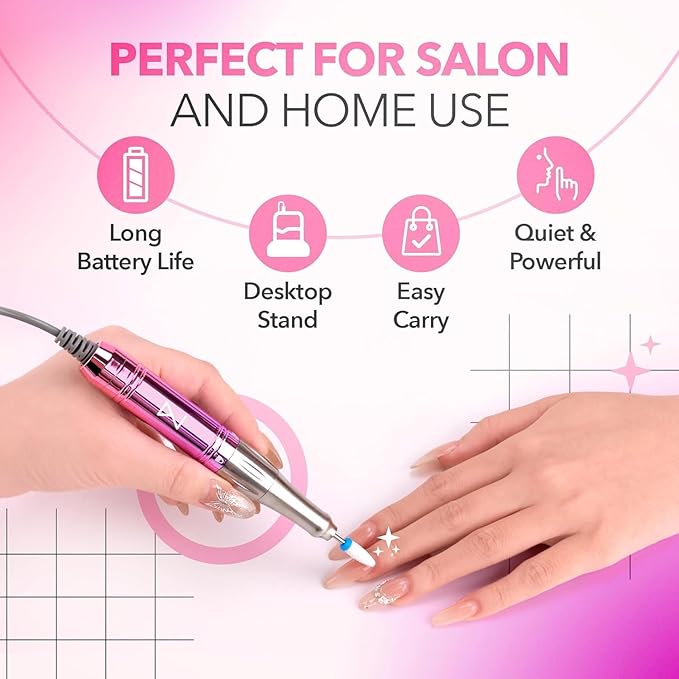 M Mase- Professional Nail Drill Machine - Coreless 2-in-1 Nail File - Electric, Cordless, 35000 RPM, HD Display - Electric Nail Drill for Professional & Home Use (Rose Gold)
