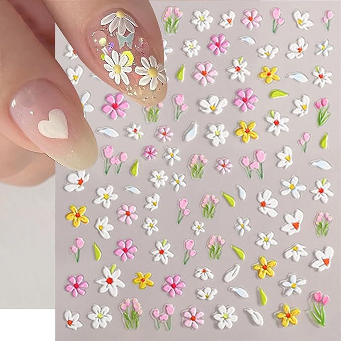 6 Sheets Flower Nail Art Stickers Colour Daisy Nail Decals 5D Embossed Pink White Floral Nail Design Stickers Spring Nail Decor Self-Adhesive Design Flower Acrylic Nail Art Supplies for Women