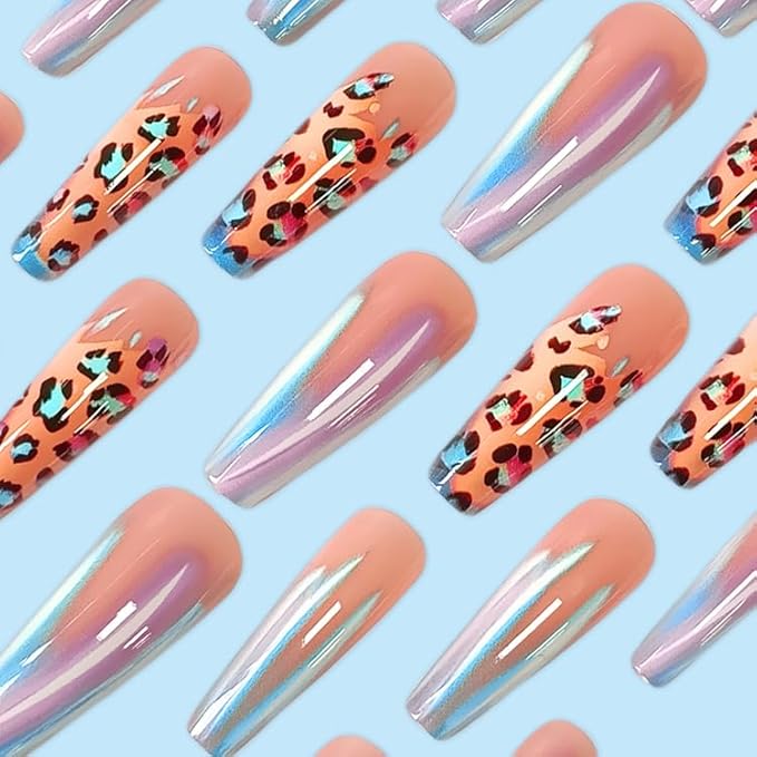 Aurora French Tip Press on Nails Long Square Fake Nails with Leopard Print Designs Glossy Full Cover Nude Glue on Nails Cheetah Nails Acrylic Stick on Nails for Women Girls Manicure Kit 24 Pcs