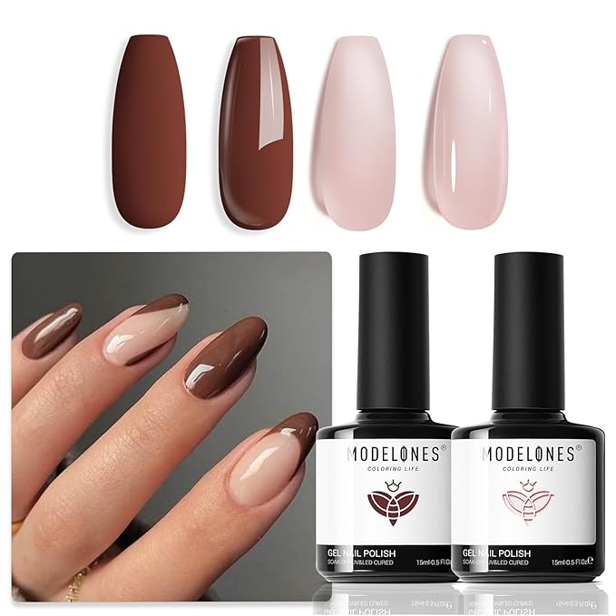modelones Brown Gel Nail Polish Set 2 Pcs 15 ML Nude Brown Winter Gel Polish Neutral Skin Tone Translucent Nude Soak Off Gel Nail Kit Manicure DIY At Home Nail Art Salon Gift For Women Girl