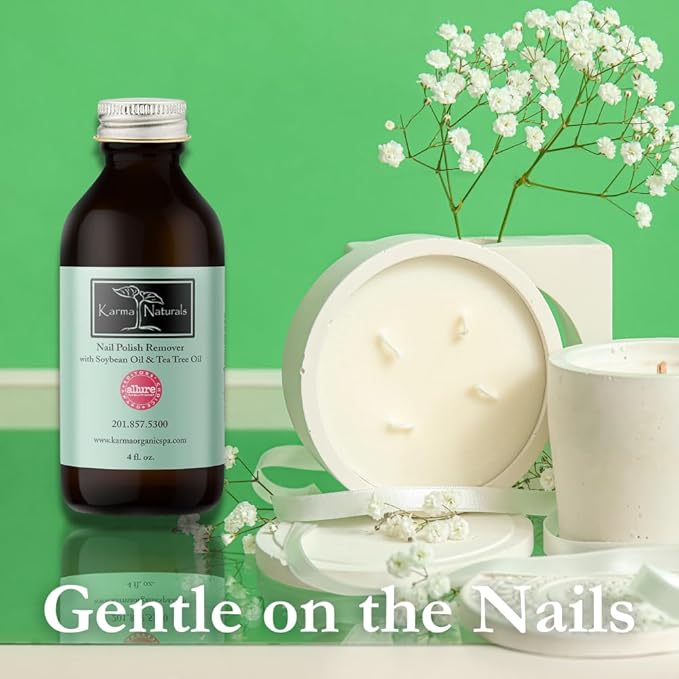 Karma Organic Nail Polish Remover with Soybean Oil and Tea Tree Oil- Non Toxic, Vegan, Cruelty Free, Acetone Free – Nails Strengthener for Fingernails – 4 fl. Oz