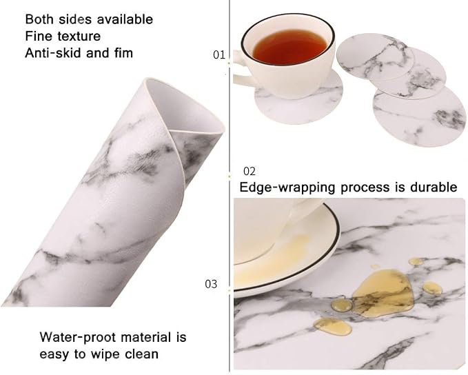 Set of 8 Marble Round Placemats and Coasters, Faux Leather Waterproof Table Mats - Image 2