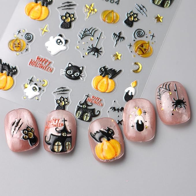 3 Sheets Halloween Nail Stickers 5D Embossed Cute Ghost Nail Art Stickers Self Adhesive Black Cat Spider Web Bat Pumpkin Nails Design Decals Halloween Nails Sticker for Women DIY Manicure Decoration