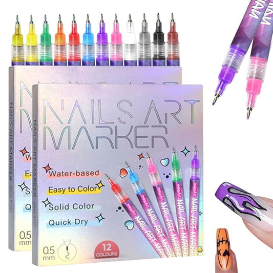 12 Colors Nail Art Pens Set, 3D Nail Art Markers Doodle Pen for Kids Adults, Nail Art Tools for Dotting Drawing Painting Point Liner DIY (2Sets)