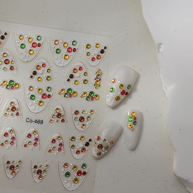 French Tip Nail Stickers for Nail Art Yellow Green Red Gems Design 5D Nails Decals Self Adhesive Colorful Rhinestone French Nails Art Stickers for Women Luxury Manicure Decoration Accessories 1pcs