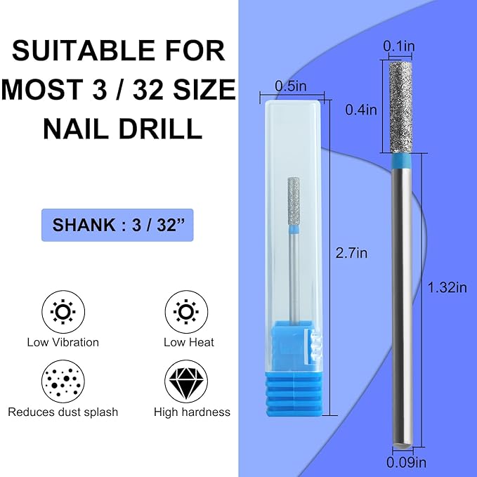 3/32 Cuticle Nail Drill Bit,Micro Safety Professional Diamond Bits for Nails Nail Buffer Bit Nail Trimer, Under Nail Cleaner Cuticle Remover Nail Prepare, Nail Supplies for Nail Techs(Medium)