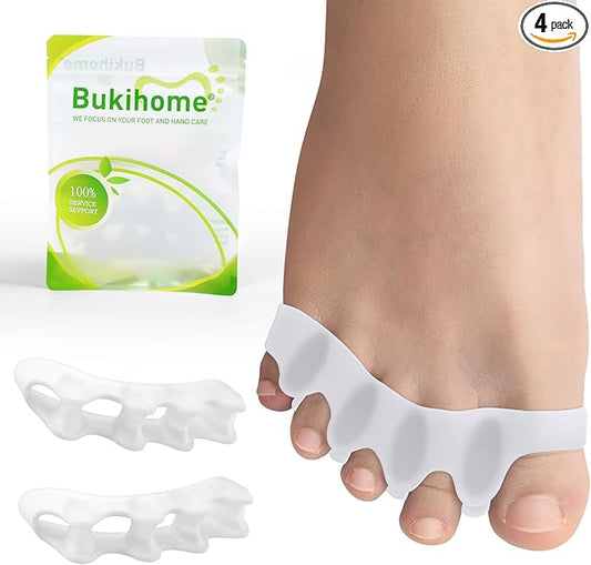 Bukihome Toe Separators, 4 Pair Soft Gel Toe Spacers to Correct Bunions, Toe Stretcher for Therapeutic Relief from Plantar Fasciitis, Foot Pain for Women & Men,White+M