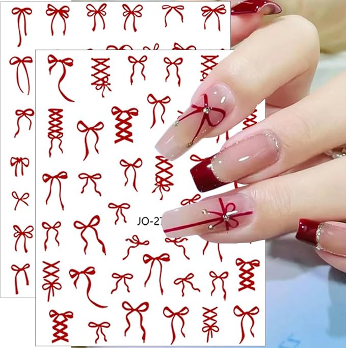 6Sheets Bow Nail Stickers 3D Self Adhesive Colorful Bow Nail Decals Pink Red Black Bowtie Nails Art Stickers Cute French Bows Nails Decorations Supplies for Women Girls DIY Acrylic Manicure Salon