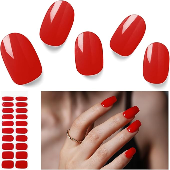 Semi Cured Gel Nail Strips, 20 PCS Gel Nail Stickers Work with UV Light, Salon Quality & Easy to Use - Classic Red