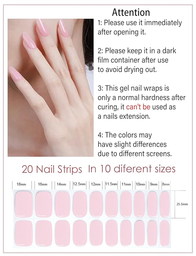 Semi Cured Gel Nail Strips, Baby Pink, Sheer 20pcs Gel Nails Sticker UV for Home Nails DIY