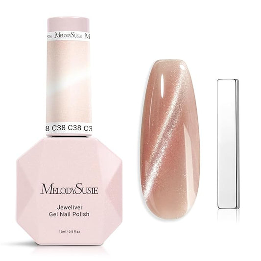 MelodySusie Jeweliver Cat Eye Gel Nail Polish, 0.5 Fl Oz Nude Pink Glitter Holographic Magnetic Nail Polish with Magnet, UV Nail Polish for Nail Art Manicure Salon DIY at Home C38