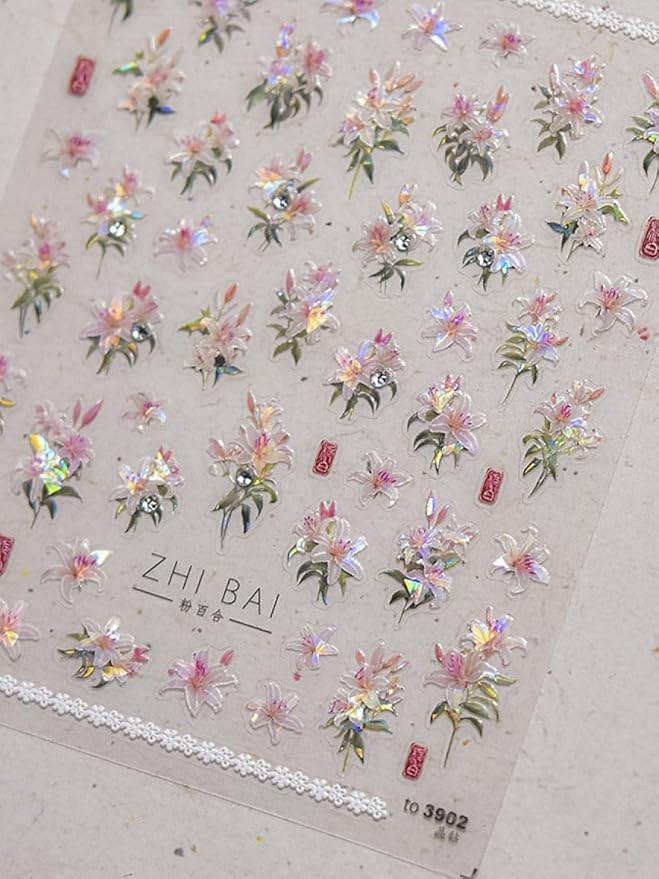 Pink Lily Nail Stickers 5D Embossed – Premium Salon-Quality Nail Charm Accessories, Easy Application & Self-Adhesive Pearl Floral Blossom Decal for DIY Manicure, Nail Art, Press on, Home or Salon Use