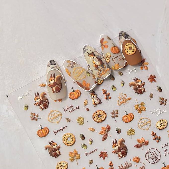 1Sheet Maple Leaf Nail Stickers 5D Embossed Self Adhesive Fall Squirrel Nuts Nail Decals Thanksgiving Day Pumpkin Nail Design Red Yellow Maple Leaf Nails Sticker Nails Decor for Women Nails Supplies
