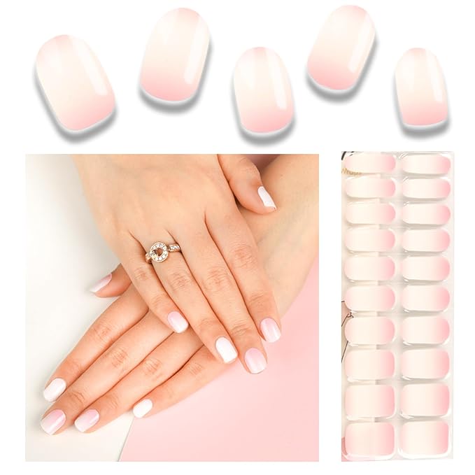 Semi Cured Gel Nail Strips, 20pcs Real Nail Polish Art Stickers, Gradient Pink Gel Nail Stickers - Work with Any UV Lamp, Long Lasting Full Wraps with Nails File and Stick