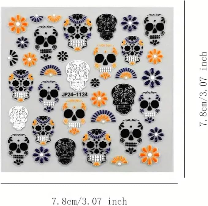 2 Sheets Halloween Skull Nail Stickers for Nail Art, 5D Embossed Black Orange White Nail Design Skull Nail Decals Skeleton Flowers Acrylic Nail Art Stickers Halloween Self-Adhesive Nail Art Supplies