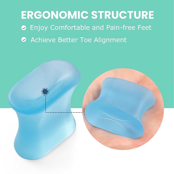Welnove Upgraded Gel Toe Separators – 8-Pack Aloe Vera Extract Infused Silicone Pinky Toe Spacers for Straightening Overlapping Toes, Calluses – Bunion Corrector for Men and Women (Small, Blue)