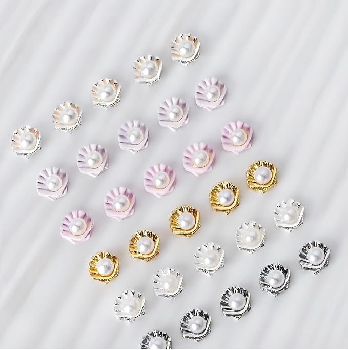 24Pcs Summer Nail Charms 3D Metal Nail Art Studs Seashell Starfish Theme Ocean Nail Rhinestones Sea Shell Nail Gems Pearl Colorful Crystal Design Nails Supplies Summer Beach DIY Crafts Manicure Decor