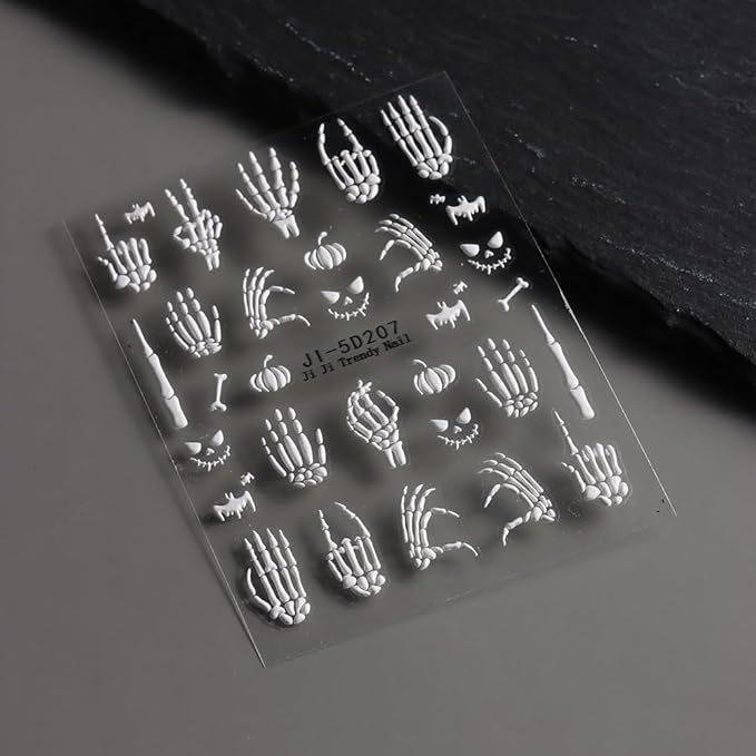 Halloween Nail Art Stickers Decals 5D Embossed Finger Bone Nail Decals 3PCS Fantasy Bone Pumpkin Bat Design Halloween Nail Stickers Nail Art Supplies for Women Holiday DIY Manicure Decorations