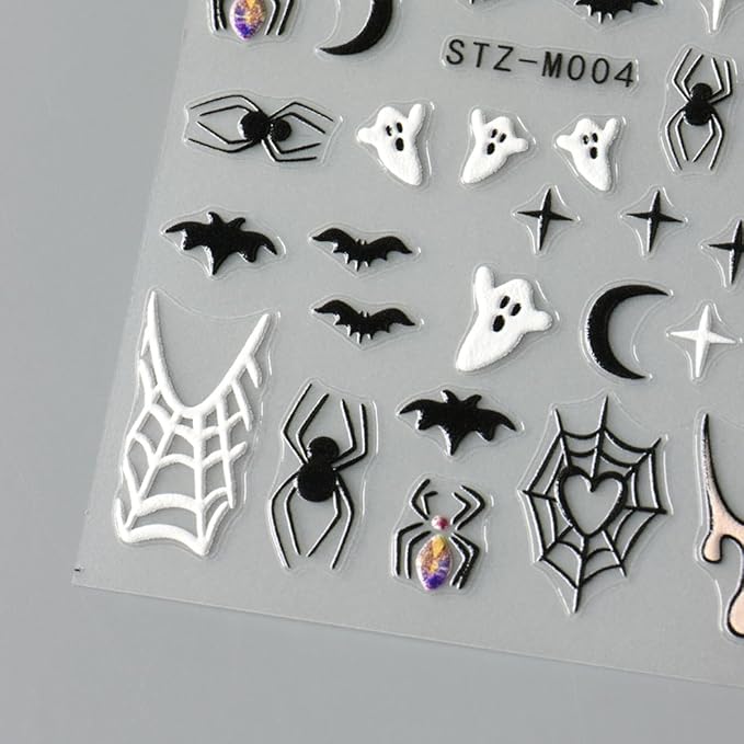 Halloween Nail Art Stickers Decals Halloween Spider Web Spider Nail Decals 3PCS Ghost Bat Skull Star Design 5D Engraved Nail Stickers Nail Art Supplies for Women Holoday DIY Manicure Nail Decorations