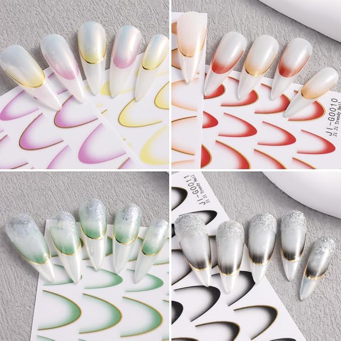 11 Sheets French Line Nail Art Stickers, Gradient Colorful French Tip Nail Decals 3D Self-Adhesive Curved Stripes Lines Nail Art Tips Guides for DIY Decoration Stencil Tools