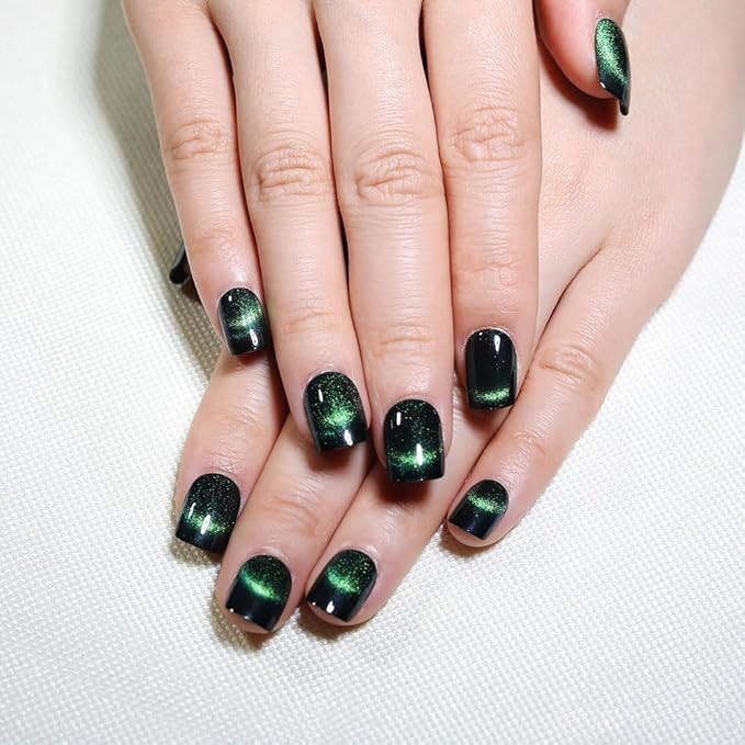 Dark Green Cat Eye Extra Short Press on Nails Square, Petite Short Square Glue on Nails for Women Gift, Smile Light Green Metallic Glitter Glossy Reusable Gel Press on Acrylic Fake Nail with Designs