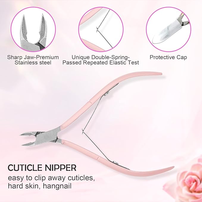 Makartt Cuticle Trimmer with Cuticle Pusher, 3 PCS Pink Nail Cuticle Nipper Professional Pedicure Manicure Tools with Stainless Steel Dual End Pusher, Nail Scraper