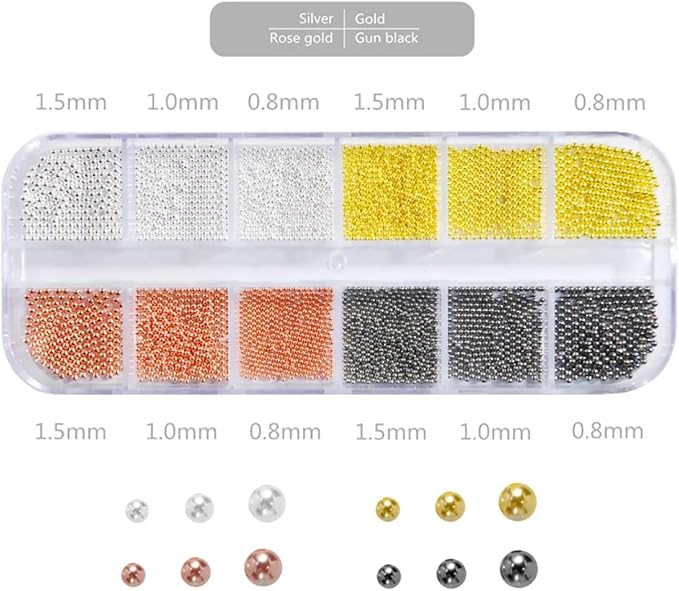 0.8mm Caviar Beads for Nails 6 Sizes Mini Small Stainless Steel Beads Nails Art Decorations Gun Grey Black Charms for Nails DIY Tool Nail Studs Accessories Gold Charms for Nails (Multicolor)