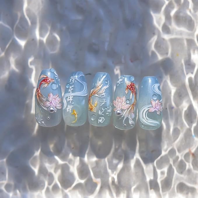 Goldfish Nail Art Stickers Sparkly Koi Fish Nail Stickers 5D Embossed Koi Lotus Lucky Red Self-Adhesive Nails Design Shell Light Goldfish Adhesive Slider for Women DIY Nails Art Decorations