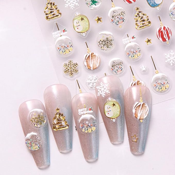 Christmas Nail Art Stickers 5D Embossed Light Balls Nail Decals with Xmas Tree Snowman Snowflakes Design Gold Glitter Nail Stickers Acrylic Nail Supplies for Women DIY Christmas Decorations 2 Sheets