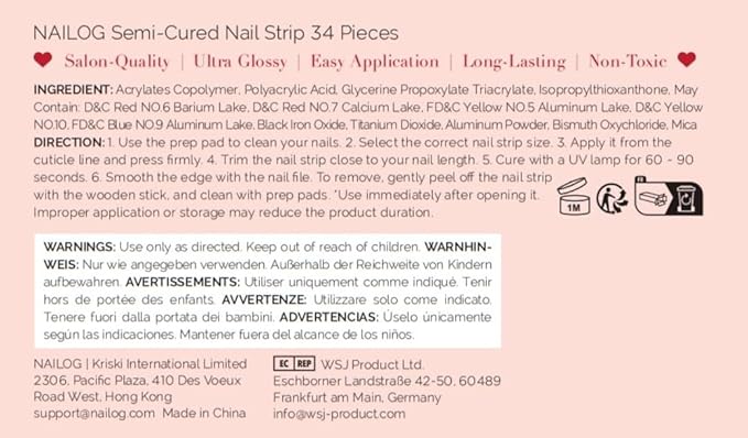 NAILOG Semi Cured Gel Nail Strips 34 pcs| Buy 2 Get 1 UV Lamp | Long Lasting Nail Polish Sticker Wraps with Glossy Gel Finish, Innocent