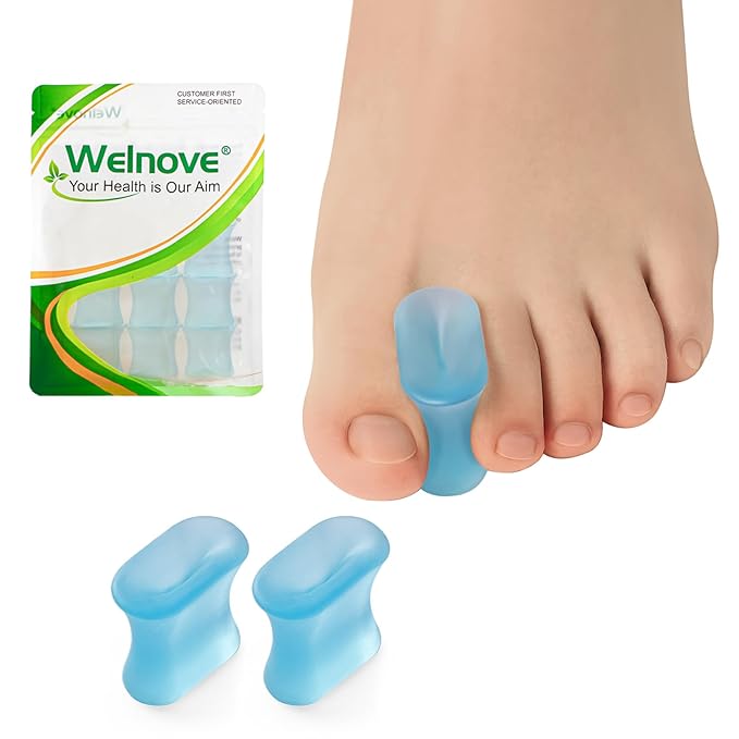 Welnove Upgraded Gel Toe Separators – 8-Pack Aloe Vera Extract Infused Silicone Toe Spacers for Straightening Overlapping Toes, Calluses – Bunion Corrector for Men and Women (Large, Blue)