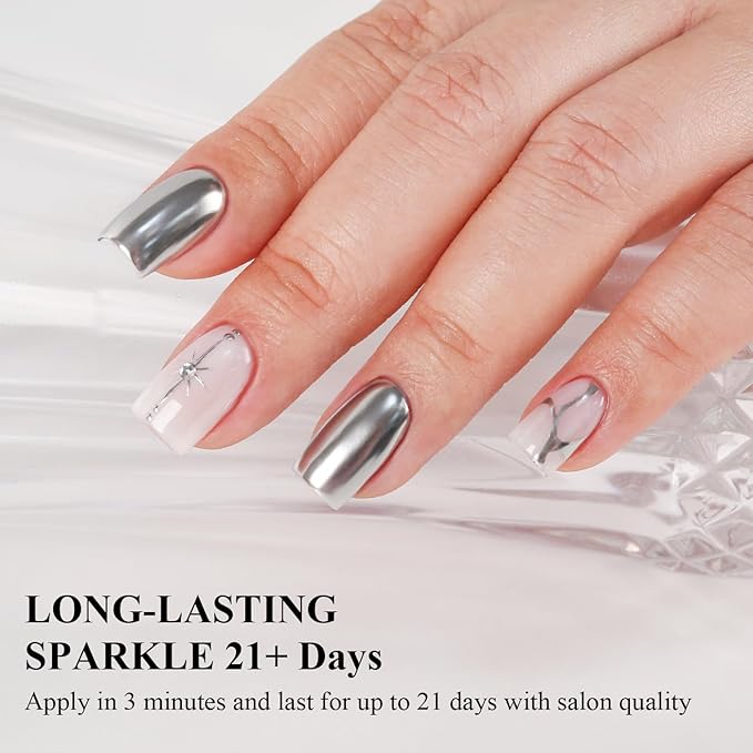 Imtiti Metallic Gel Nail Polish, Chrome Mirror Shine Gel Polish High Gloss Soak Off UV LED Metallic Silver 3D Drawing Mirror Manicure Salon DIY Design 10ML
