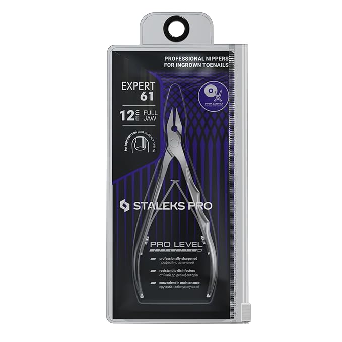 Staleks Pro EXPERT 61 Ingrown Toenail Nippers – 12mm Blades – Narrow Tips with Safe Ends – Stainless Steel – Professional Pedicure Tool NE-61-12, Full Jaw, 0.47 Inch (12mm)