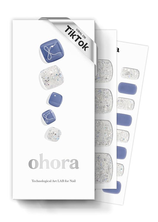 ohora Semi Cured Gel Pedi Strips (P Lavo Dress) - Blue, White, Works with Any UV/LED Lamps, Salon-Quality, Long Lasting, Easy to Apply & Remove - Includes 2 Prep Pads, Nail File & Wooden Stick