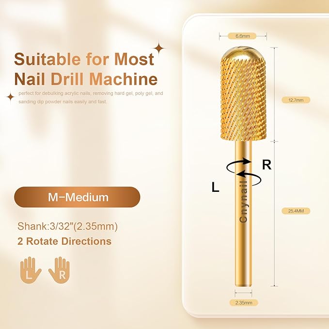 3/32" Large Barrel Smooth Round Top Tungsten Carbide Nail Drill Bit Safety Bit for Gel & Acrylic Removal, 2-Way Rotating Efile Tip, Salon Electric File Accessory (M Grit, Gold)