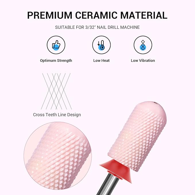 MelodySusie Ceramic Nail Drill Bit, 3/32'' Smooth Round Top Large Barrel Bits, Suitable for Manicure Pedicure Cuticle Gel Polishing, Beginners Bits, Pink, Series Bit-S, Fine