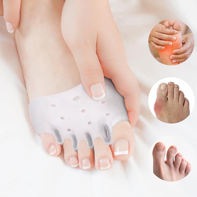4 Pairs Silicone Toe Separators, Metatarsal Pads, Gel Toe Separators, Ball of Foot Cushions, Toe Separators for Overlapping Toes to Foot Pressure Relief (White Blue Clear Skin-color)
