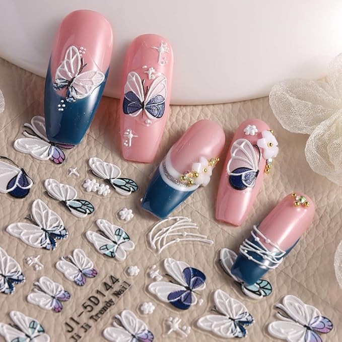 5D Embossed Butterfly Nail Stickers, 3 Sheets Self-Adhesive Nail Decals White Pink Purple Butterfly Daisy Flowers Designs Nail Decorations DIY Manicure Supplies for Women Girls&Kids
