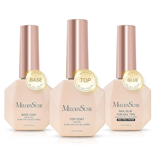 MelodySusie Top Coat Nail Glue Base Coat No Wipe Glossy Set Long Lasting Shine Finish Soak Off UV LED Nail Lamp Nail Art Design Manicure Kit Perfect Gifts for Women Girls 3 Pcs 15ml Clear
